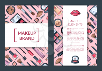 Vector card, flyer, brochure template for beauty brand, presentation with hand drawn makeup background and wide white ribbons with shadows illustration