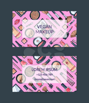 Vector business card template for beauty brand or makeup artist with hand drawn makeup background with transparent rectangles illustration