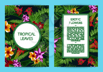 Vector tropical palm leaves and exotic flower elements business template for card or flyer with frames and place for text. Exotic palm leaf pattern, botanical hawaii flower illustration