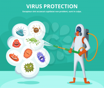 Concept illustration of viruses protection. Character in special clothing poisons microbes. Vector virus protection, infection and bacteria protect
