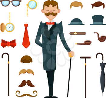 Fashioned retro gentleman with different accessories of victorian style. Creation mascot kit. Fashion gentleman vintage style with mustache and glasses, illustration