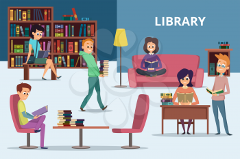 Students in library. Peoples reading books. Vector characters set. Student with book, university library illustration