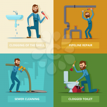 Concept pictures set of plumber at work. Pipeline repair, clogged toilet, sewer cleaning. Vector illustration