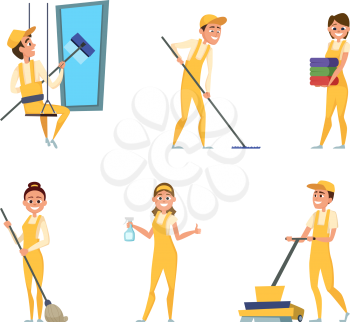 Team workers of cleaning service. Set of different characters in special clothing. Service cleaner people team in uniform illustration