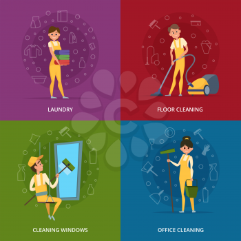 Concept pictures of cleaning service workers. Service cleaner job, worker occupation with equipment, vector illustration