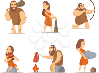 Characters of male and female. Primitive cave people from prehistoric period. Caveman prehistoric male and female, barbarian hunter. Vector illustration