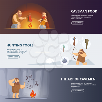 Caveman and woman in prehistoric period. Banners set with place for your text. Primitive woman and neanderthal with weapon, vector illustration