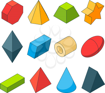 Colorful isometric pictures of geometry shapes. Christal, cylinder, prism and others. Color cylinder and geometry pyramid, geometric cone and sphere, vector illustration