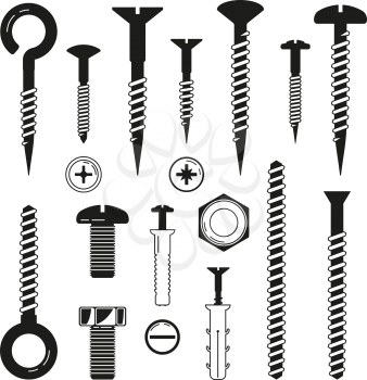 Monochrome illustrations of iron bolts, nuts, screws and others hardware tools. Vector bolt and nut, industrial hardware for fix construction