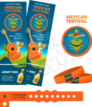 Design template for ticket and entrance bracelet of concert or festive party. Ticket to concert event, bracelet for mexican musical festival, vector illustration