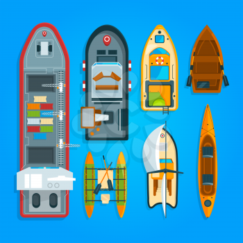 Different sea boats and ships. Vector illustrations top view. Ship and boat, water transport vessel and yacht