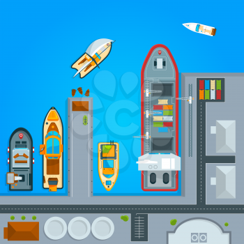 Ship and sea boats in dock. Top view illustrations ship and boat, water transportation vector