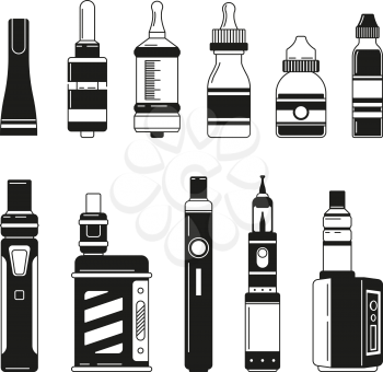 Electronic cigarettes and bottles for smoking club or shop. Vector monochrome pictures. Ilustration of electronic e-cigarette and liquid for atomizer and vaporizer