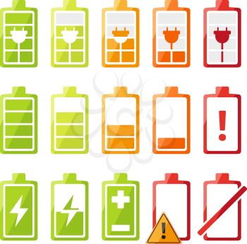 Icon set with different status of battery charger for mobile phone or smartphone. Vector recharge electronic status illustration
