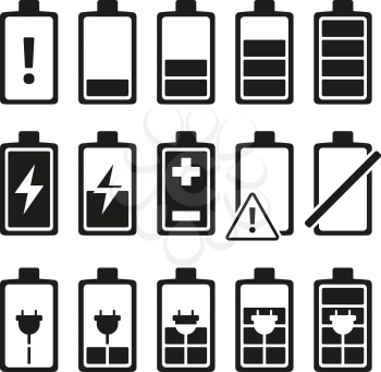 Monochrome pictures of smartphone battery in different levels of charging. Charge battery power for smartphone. Vector illustration