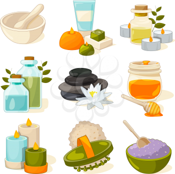 Cartoon pictures of different symbols of spa or beauty salon. Spa and beauty, natural cream and relaxation aromatherapy, vector illustration