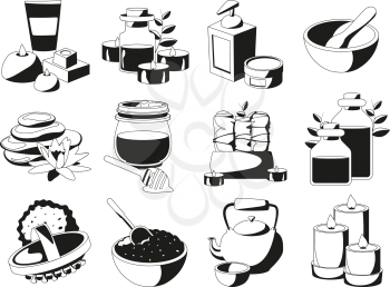 Spa and health illustrations set in monochrome style. Vector pictures isolate on white background. Care and relax body, beauty spa relaxation bodycare