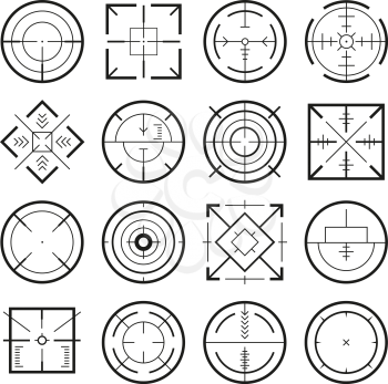 Different military targets for strategy games. Vector monochrome pictures. Collection of aim target crosshair illustration