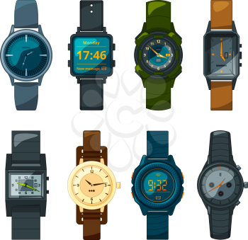Set of different hand watch for male and female. Watch hand and wristwatch digital and mechanical. Vector illustration