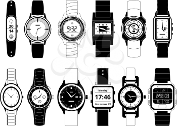 Mechanical and electronic sport hand watches in monochrome style. Vector pictures set isolate on white. Wristwatch digital electronic and mechanical, fashion and sport illustration