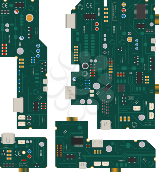 Electronic circuit. Computer mother board with diodes and other components. Computer computer and circuit mother board, vector illustration