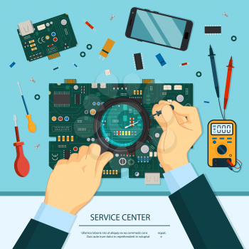 Concept illustration of technician service. Top view picture. Hands with magnifying glass and a soldering iron. Motherboard repair with magnifying glass vector