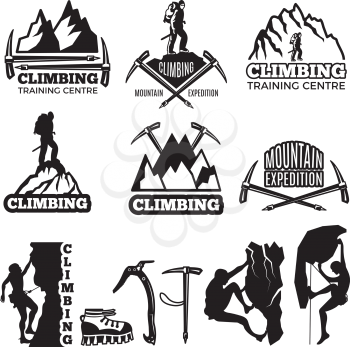 Mountain climbing and different equipment. Vector labels template with place for your text. Climbing extreme badge silhouette, logo exploration climbing illustration