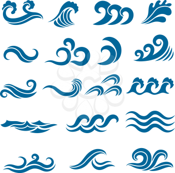 Big set of stylized ocean waves. Colored vector set. Sea water wave, ocean flowing and swirl illustration