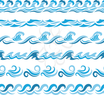 Horizontal seamless patterns with stylized blue waves. Blue horizontal water ocean and sea wave illustration