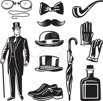 Victorian style monochrome illustrations for gentleman club. Vector pictures set. English gentleman clothing in suit, accessories umbrella and gloves