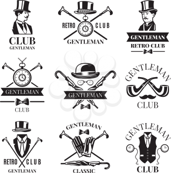 Retro badges or labels set for gentleman club. Logos design template with place for your text. Gentleman logo club, label vintage emblem elegant and fashion. Vector illustration