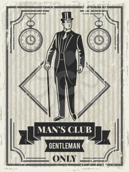 Design template of retro poster for gentleman club. Vector banner victorian man illustration