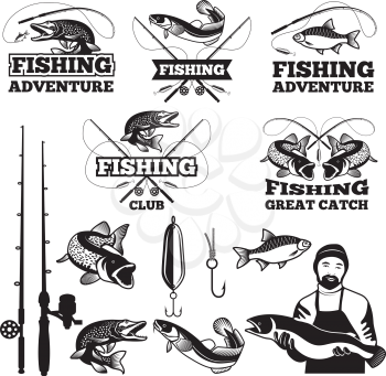 Vintage labels set for fishing club. Vector logos templates. Fishing club badge and emblem illustration