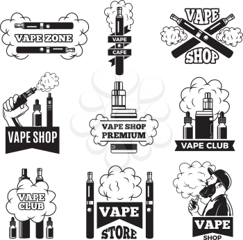 Badges and labels with illustrations of vapor from electric cigarette. Pictures for vaping club or shop. Vaping and electronic e-cigarette, gadget cigarette vector