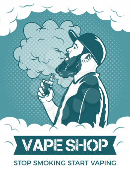 Hipster holding electronic cigarette, he smoking and make vapor. Poster template for vaping shop or club. Vape cigarette and vaporizer electronic illustration