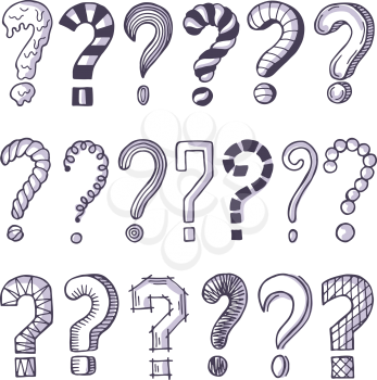 Monochrome pictures set of question marks. Doodle pictures isolate on white. Question sketch mark drawing, vector illustration