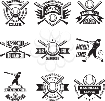 Monochrome labels or emblem for baseball club. Vector badges isolate on white. Baseball club logo, illustration of championship label