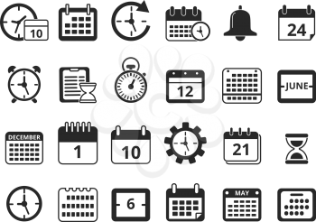Different monochrome symbols of time management. Vector icon set. Time and clock, calendar office, planning and organization illustration