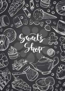 Vector hand drawn contoured sweets on chalkboard poster illustration with place for text. Sweet cake dessert and baking, banner chalkboard with sweet food
