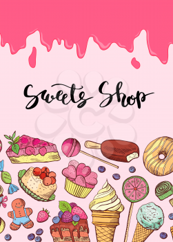 Vector hand drawn sweets banner and poster illustration with lettering and rose caramel dripping from above