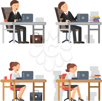 Business peoples at work. Unhappy male and female workers at his workplace. Vector employee person tired, character man and woman at work office illustration
