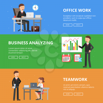 Horizontal banners of business concept pictures with male and female characters. Processes of management business team in office work, vector illustration