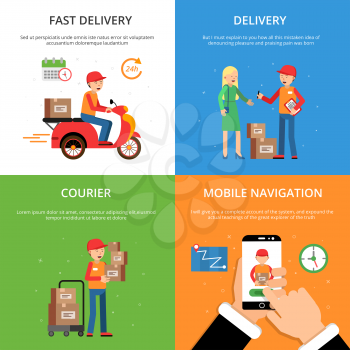 Concept pictures set on theme of delivery service. Customers and logistics. Service delivery goods, logistic process, vector illustration