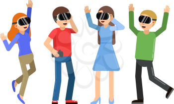 Funny people playing in video games in helmet of virtual reality. Device for virtual video game, play in cyberspace. Vector illustration