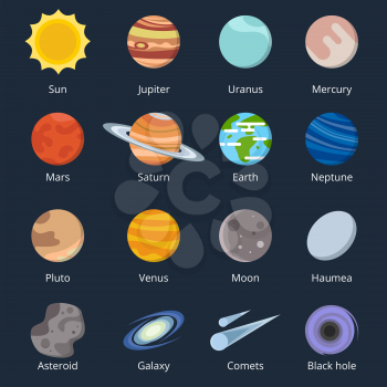 Different planets of solar system. Illustration of space in cartoon style.