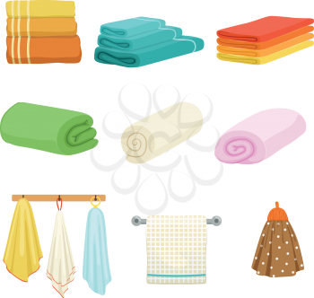 White and colored soft bathe or kitchen towels. Vector illustrations isolate. Towel textile soft for hygiene and kitchen