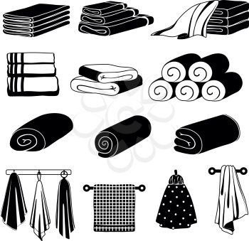 Monochrome illustrations of different towels. Vector set isolate on white. Collection of towel for bathroom