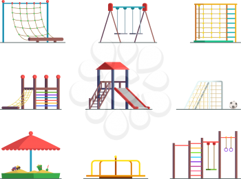 Equipment of amusement park. Playground isolated on white background. Vector seesaw and sandbox for kindergarten, sandpit and swing illustration