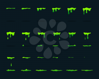 Key frame animation of dripping acid. Vector picture set. Green acid drop toxic, stain and splatter illustration