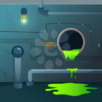 Old basement. Acid dripping from pipe. Game background with sewage waste and green chemical liquid, vector illustration